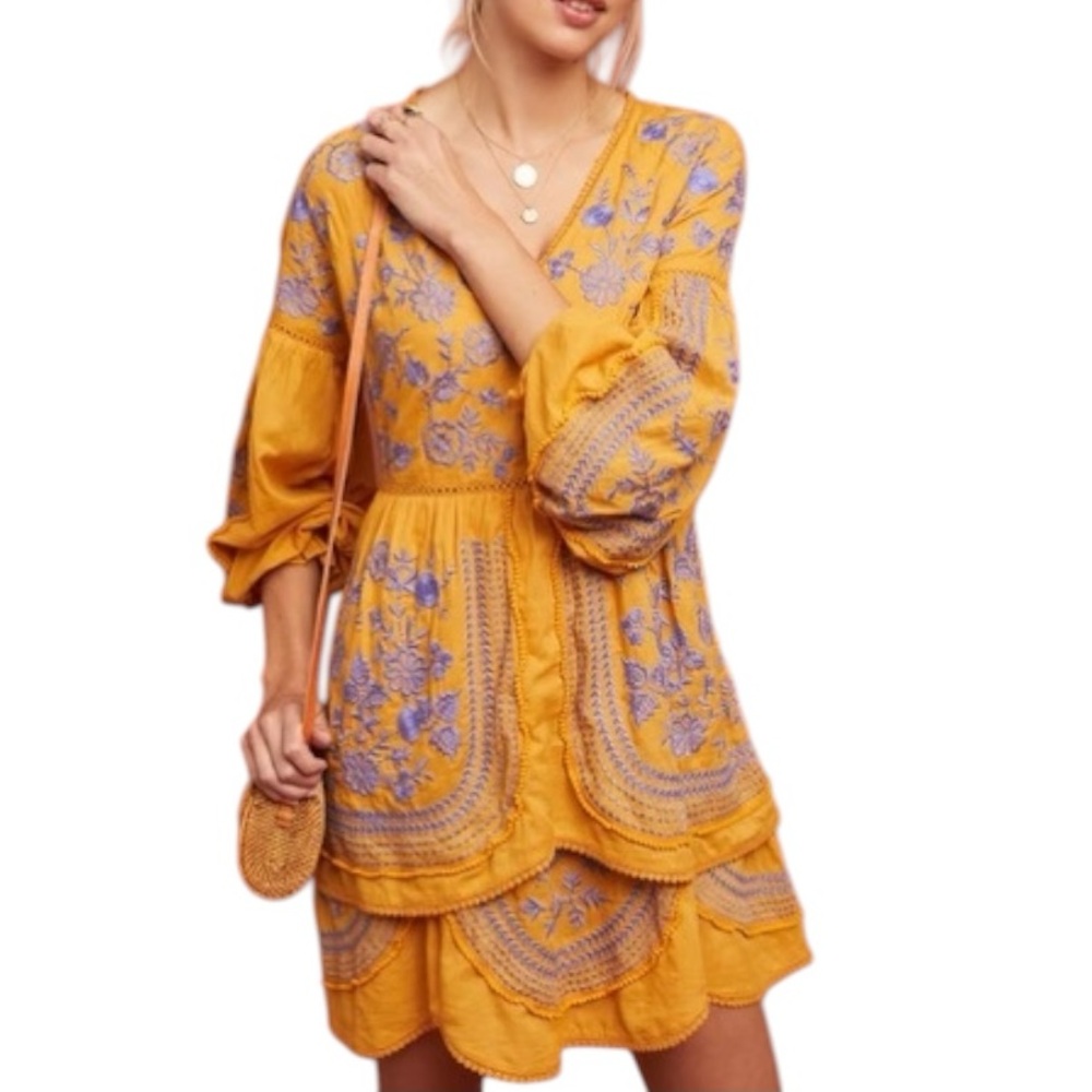 Anthropologie Meadow Rue Lisette Embroidered Tiered Tunic Dress - Yellow - Small